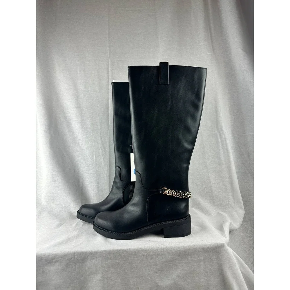 A New Day Womens Tall Black Fashion Boots Gold Chain Detail Side Zip‎ Size 7